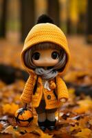 a doll wearing a yellow coat and holding a pumpkin generative ai photo