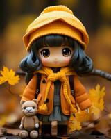 a doll wearing a yellow coat and holding a teddy bear generative ai photo