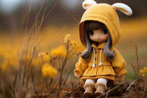 a doll wearing a yellow coat sits in a field of yellow flowers generative ai photo