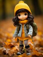 a doll wearing a yellow hat and brown coat stands in the autumn leaves generative ai photo