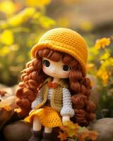 a doll wearing a yellow hat sits on a rock generative ai photo