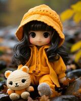 a doll wearing a yellow raincoat and holding a teddy bear generative ai photo