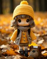 a doll wearing a yellow sweater and hat stands in a pile of fallen leaves generative ai photo