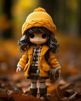 a doll wearing a yellow sweater and brown boots standing in the leaves generative ai photo