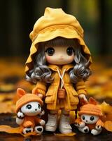 a doll wearing a yellow raincoat and holding two stuffed animals generative ai photo