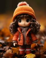 a doll wearing an orange coat and boots standing in leaves generative ai photo