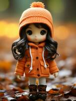 a doll wearing an orange coat and boots standing in leaves generative ai photo