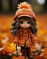 a doll wearing an orange coat and boots standing in the autumn leaves generative ai photo
