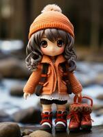 a doll wearing an orange coat and boots standing on rocks generative ai photo