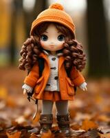 a doll wearing an orange coat and boots stands in the leaves generative ai photo