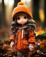 a doll wearing an orange coat and hat in the woods generative ai photo