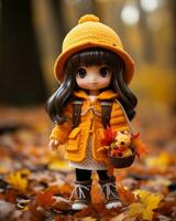 a doll wearing an orange coat and hat is standing in the leaves generative ai photo