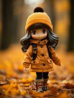 a doll wearing an orange coat and hat is walking in the autumn leaves generative ai photo