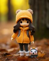 a doll wearing an orange coat and hat standing next to a small bear generative ai photo