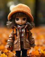 a doll wearing an orange coat and hat stands in a field of fallen leaves generative ai photo