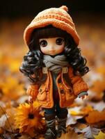 a doll wearing an orange coat and hat stands in a field of fallen leaves generative ai photo