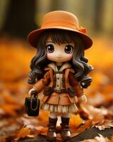 a doll wearing an orange coat and hat standing in the leaves generative ai photo