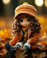 a doll wearing an orange coat and hat sits on the ground generative ai photo