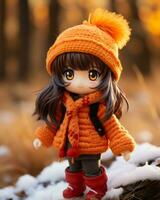 a doll wearing an orange coat and hat standing in the snow generative ai photo