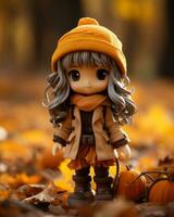 a doll wearing an orange coat and hat stands in front of pumpkins generative ai photo