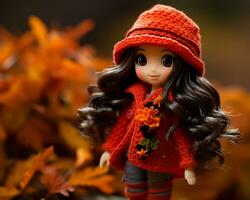 a doll wearing an orange coat and hat stands in front of autumn leaves generative ai photo