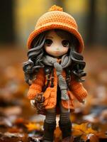 a doll wearing an orange coat and hat stands in the leaves generative ai photo