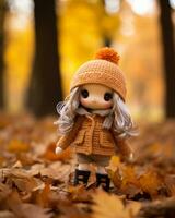 a doll wearing an orange coat and hat stands in the leaves generative ai photo
