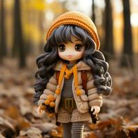 a doll wearing an orange coat and hat stands in the leaves generative ai photo