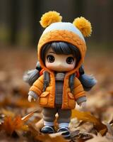 a doll wearing an orange coat and hat stands in the leaves generative ai photo