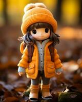 a doll wearing an orange coat and hat stands in the leaves generative ai photo