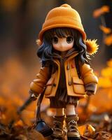 a doll wearing an orange coat and hat stands in the leaves generative ai photo