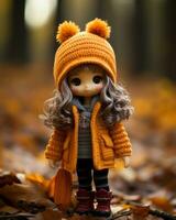 a doll wearing an orange coat and hat stands in the leaves generative ai photo