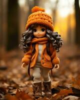 a doll wearing an orange coat and hat stands in the leaves generative ai photo