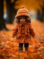 a doll wearing an orange coat and hat stands in the middle of an autumnal forest generative ai photo