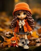 a doll wearing an orange coat and hat stands next to a small dog generative ai photo