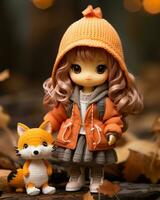 a doll wearing an orange coat and holding a fox generative ai photo