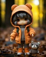 a doll wearing an orange coat and holding a teddy bear generative ai photo