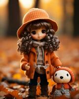 a doll wearing an orange coat and holding a teddy bear generative ai photo