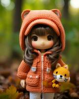 a doll wearing an orange coat and holding a stuffed animal generative ai photo