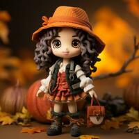 a doll wearing an orange dress and hat stands in front of pumpkins generative ai photo