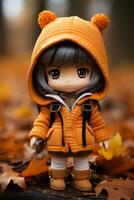 a doll wearing an orange coat standing in the leaves generative ai photo