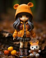 un muñeca vistiendo un naranja Saco y participación un relleno animal generativo ai foto