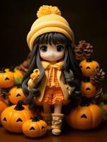 a doll wearing an orange dress and hat stands in front of a pile of pumpkins generative ai photo