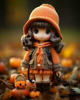 a doll wearing an orange dress and hat stands in front of pumpkins generative ai photo