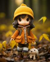 a doll wearing an orange hat and brown boots is standing in the leaves generative ai photo