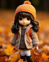 a doll wearing an orange hat and brown coat stands in a field of fallen leaves generative ai photo