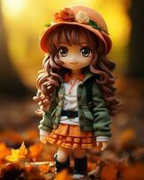 a doll wearing an orange dress and hat stands in the autumn leaves generative ai photo