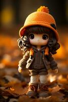 a doll wearing an orange hat and brown boots standing in a pile of fallen leaves generative ai photo