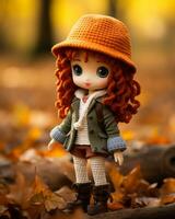 a doll wearing an orange hat and coat standing in the leaves generative ai photo