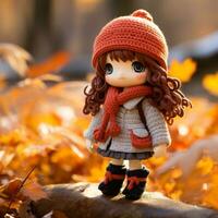 a doll wearing an orange hat and coat stands on a log in the fall generative ai photo